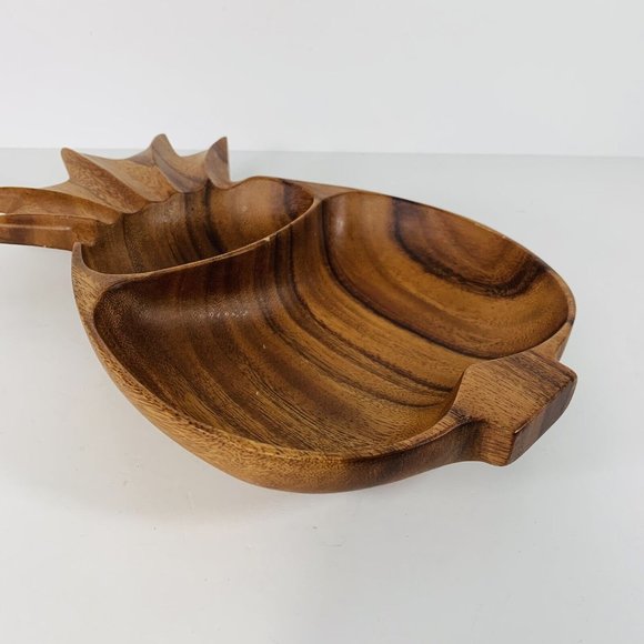 Monkey Pod Hand Craved Wooden Pineapple Shaped Tiki Serving Tray 2 Section - Picture 4 of 11
